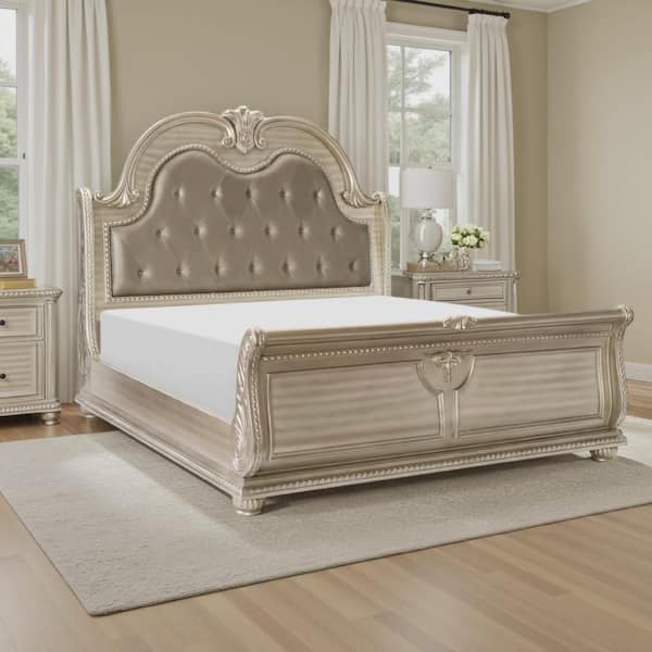 Benjara Caitlin Silver Queen Wood Frame Sleigh Bed with Tufted Headboard