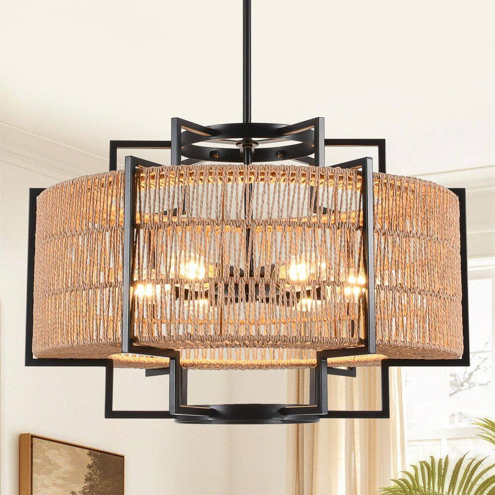 Scrow 22 in. 6-Light Matte Black and Natural Rattan Shade Bohemian Rattan Drum Chandelier (Bulbs Not Included) price history on PriceWatchPro