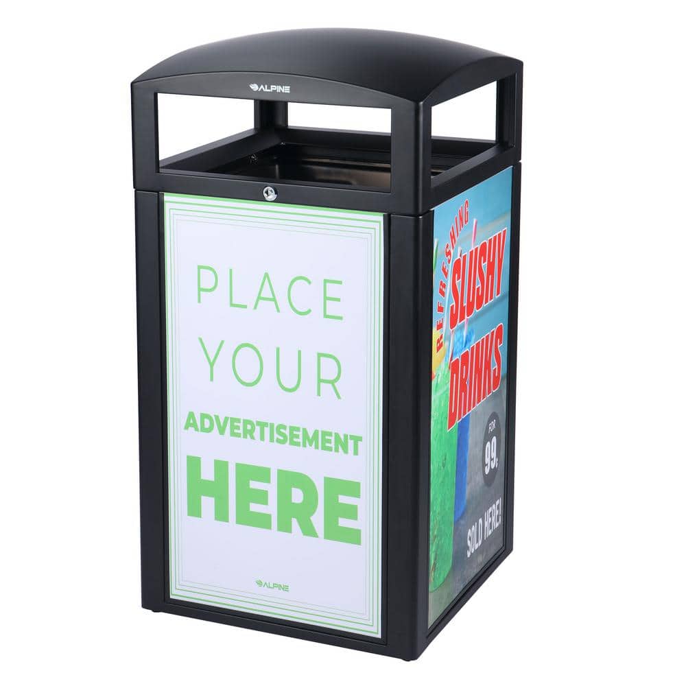 Alpine Industries 40 Gal. Grey Stone All Weather Outdoor Commercial Trash Can with Advertisement Panels, Black -  471-40-GRYS-SGN