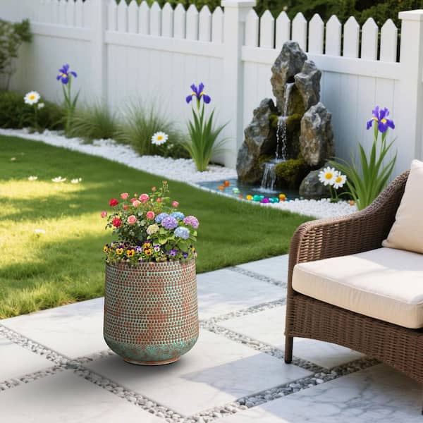 16.5 in.W x 17.5 in.H Concrete Tall Round Planter with Teal Patterns Large Plant Pot with Drainage Holes for Outdoor