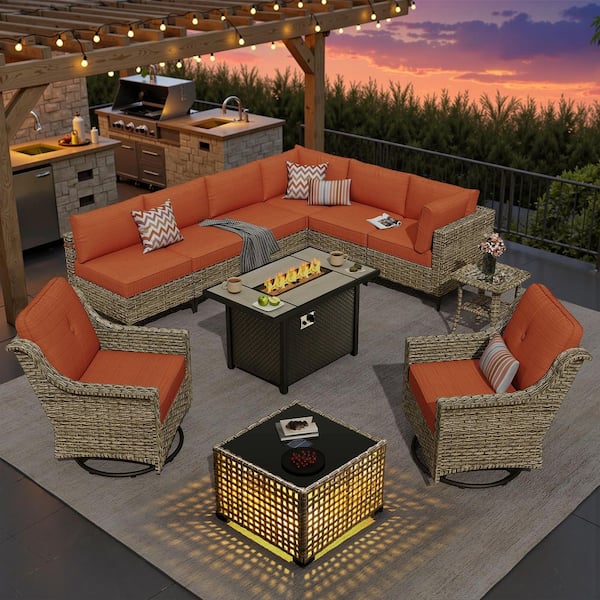 Holly Gray 11-Piece Wicker Rectangle Fire Pit Patio Conversation Set with Orange Red Cushions and Swivel Chairs