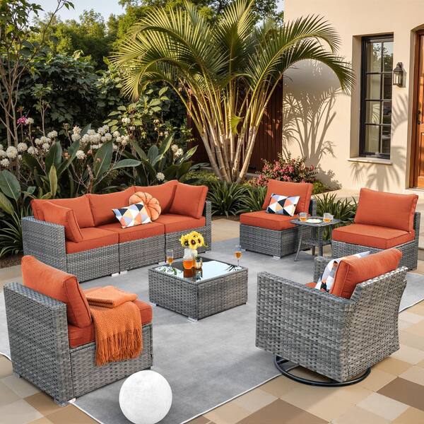Sanibel Gray 9-Piece Wicker Outdoor Patio Conversation Sofa Set with a Swivel Rocking Chair and Orange Red Cushions