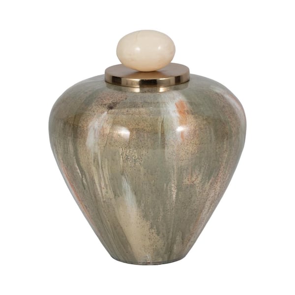 Liv & Skye 9 in. Blush and Green Glass Temple Vase with Top