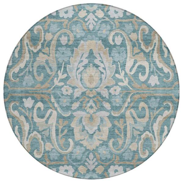 Chantille Machine Washable Indoor/Outdoor Abstract ACN3159 Teal 8 ft. x 8 ft. Round Rug