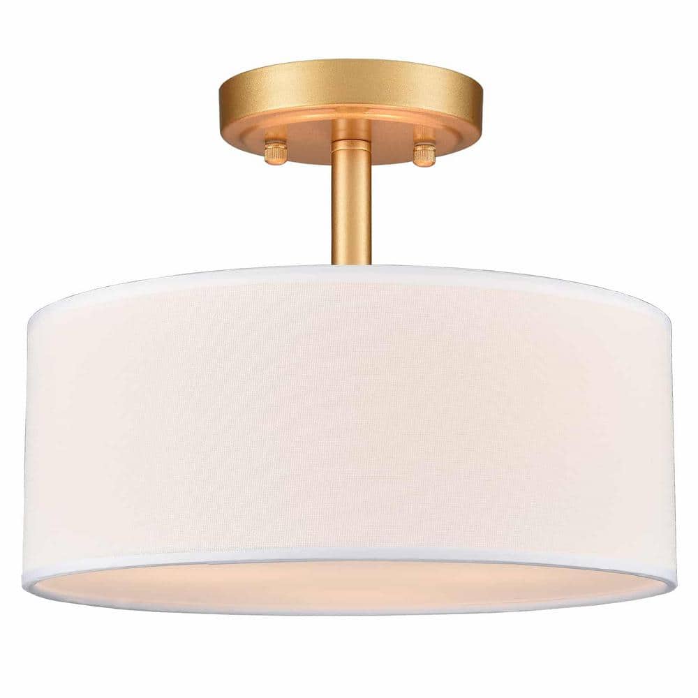 Brushed Brass and White Fabric Drum LED Ceiling Light