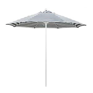 9 ft. White Aluminum Commercial Market Patio Umbrella with Fiberglass Ribs Push Lift in Navy White Cabana Stripe Olefin