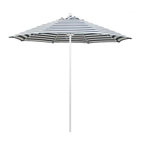 California Umbrella 9 ft. White Aluminum Commercial Market Patio Umbrella with Fiberglass Ribs Push Lift in Navy White Cabana Stripe Olefin