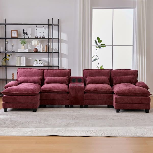 Modern 126 in. 4-Pieces Fabric Upholstered U-Shaped with Wireless Charging and Bluetooth Audio Sectional Sofa in. Red