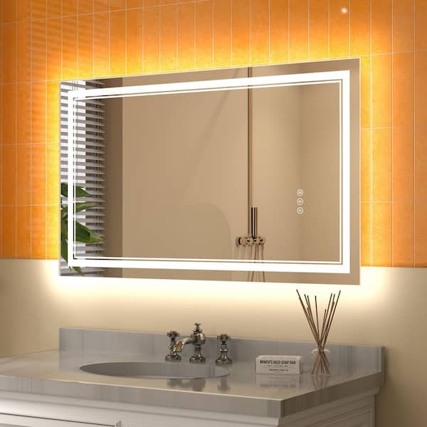 ExBrite Derrin 40 in. W x 24 in. H Medium Rectangular Frameless Anti-Fog Dimmable LED Wall Bathroom Vanity Mirror in Silver