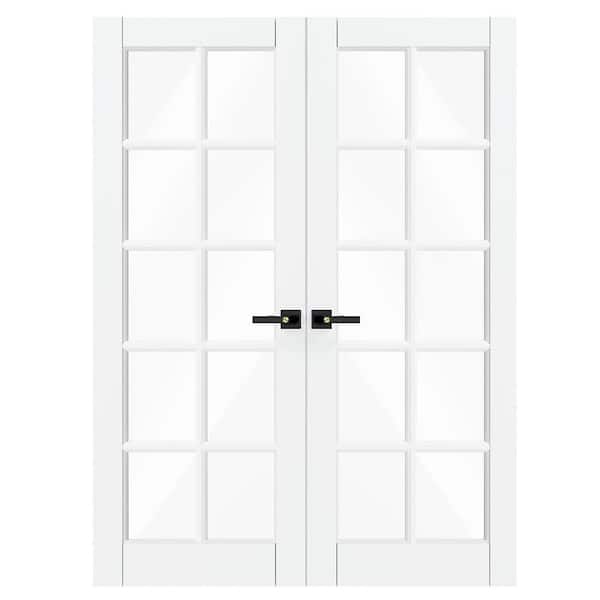 TENONER 64 in. x 80 in. Composite, MDF, 10 Lite, Clear Glass, Primed, White Interior Door Slab With Black Lever Handle