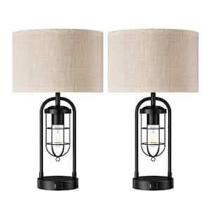22.84 in. Black Traditional Table Lamp Set with Dimmable Touch Control Night Light, USB Ports and Beige Shade (Set of 2)