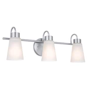 Erma 23 in. 3-Light Brushed Nickel Traditional Bathroom Vanity Light with Satin Etched Glass Shades