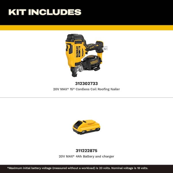 20-Volt MAX Lithium-Ion 15° Electric Cordless Roofing Nailer with 20-Volt MAX Compact 4. 0Ah Battery Pack