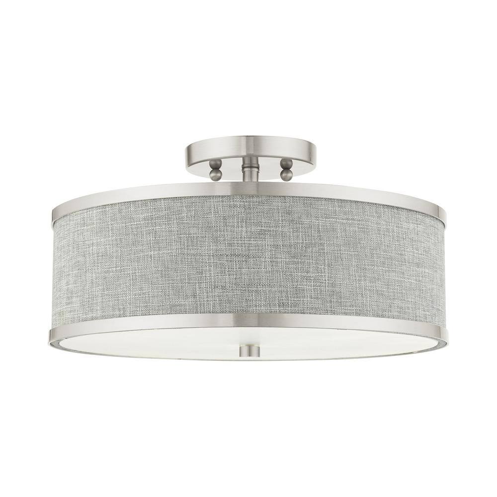 Brushed Nickel 3-Light Semi-Flush Drum Ceiling Fixture with Handcrafted Gray Fabric Shade