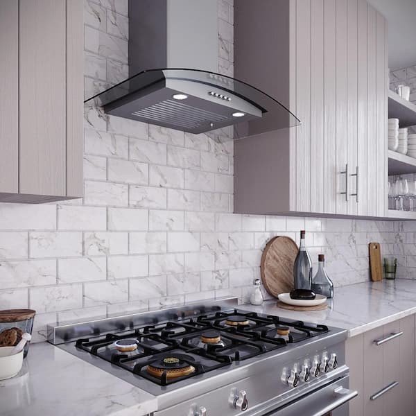 30 in. Rosmini Ductless Wall Mount Range Hood in Brushed Stainless Steel, Baffle Filters, Push Button Control, LED Light