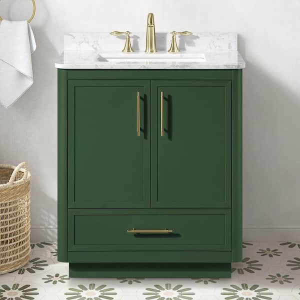Tamsin 30 in. Single Sink Forest Green Bath Vanity with White Round Corner Engineered Marble Top (Assembled)