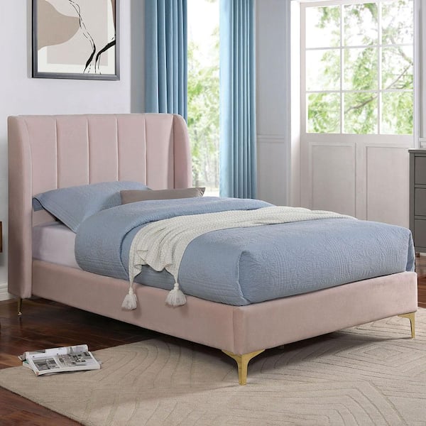 Furniture of America Sandia Crest Light Pink Metal Upholstered Frame Twin Platform Bed with Wing-Back Headboard