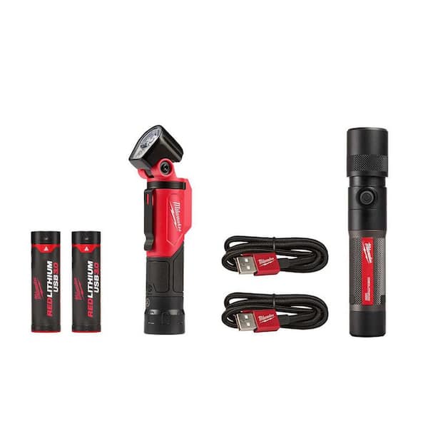 Milwaukee 500 Lumens LED Pivoting REDLITHIUM USB Flashlight with 1100 Lumens LED USB Rechargeable Twist Focus Flashlight (2-Pack)