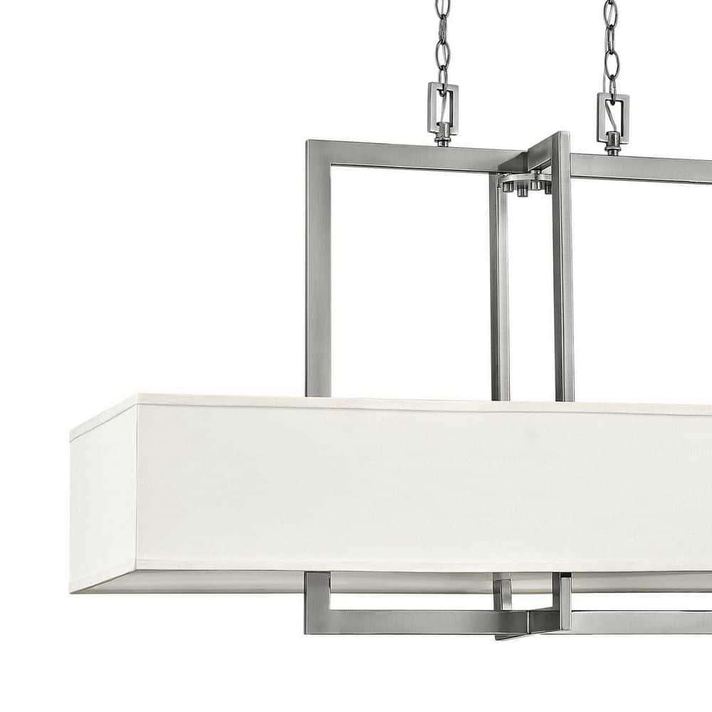 Elegant Antique Nickel 4-Light Linear Chandelier with Off-White Linen Shade
