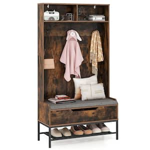 Rustic Brown Hall Tree with Seat Cushion and Hidden Storage