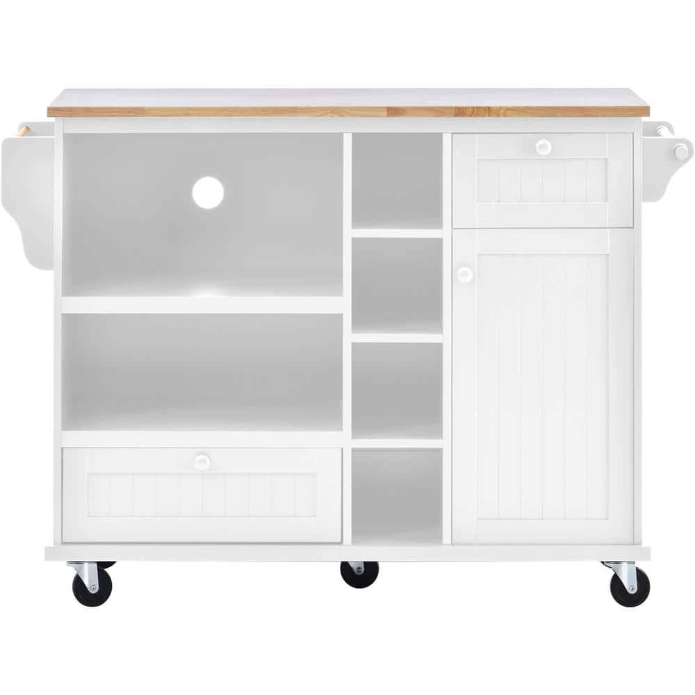 White Rubber Wood Kitchen Cart with Storage Cabinet, Towel Holder and Spice
