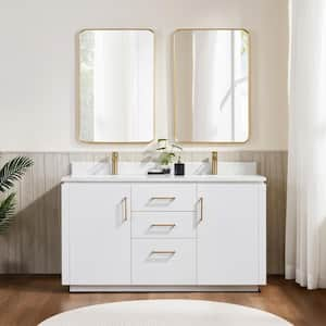 San 60 in. W x 22 in. D x 33.8 in. H Double Bath Vanity in White with White Grain Composite Stone Top and Mirror