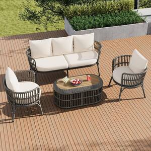 4 Piece Gray Wicker Outdoor Patio Conversation Set with Beige Cushions and Acacia Wood Coffee Table