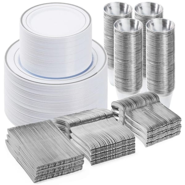 600-Piece Plastic Disposable Dinnerware Set, Service for 100, Plates, Cups, Knives, Forks, Spoons for Parties, in Silver