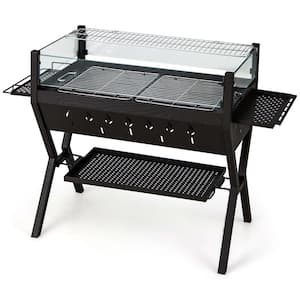 Portable Wood and Charcoal Barbecue Charcoal Grills in Brown with Seasoning Racks and Storage Shelf