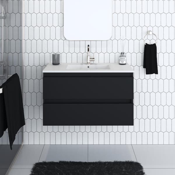 VOLPA USA AMERICAN CRAFTED VANITIES Salt 36 in. W x 18 in. D Bath Vanity in Glossy Black with Ceramic Vanity Top in White with White Basin