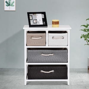 24 in. H x 19.5 in. W x 12 in. D White Storage Drawer Unit 4-Woven Basket Cabinet Chest Bedside Table Nightstand