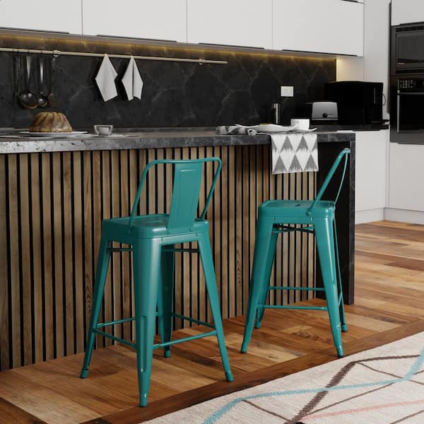 Rayne 16 in. Teal Blue Low Back 24 in. Metal Counter Height Stool (Set of 2)