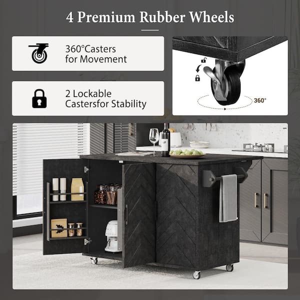 Oasis Black Wood 51.2 in. Kitchen Island with Drop Leaf, Coastal Kitchen Island on Wheels with Internal Storage Rack