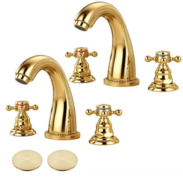 Double Handles 8 in. Widespread Bathroom Faucet 3-Hole Sink Faucet with Pop-Up Drain in Polished Gold (2-Pack)