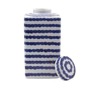 Blue and White Paint Stroke Square Ceramic Ginger Jar, Store Small Household Items or Display Faux Florals, 11 in.