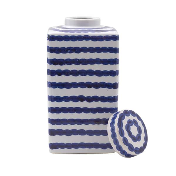 Mikasa Blue and White Paint Stroke Square Ceramic Ginger Jar, Store Small Household Items or Display Faux Florals, 11 in.