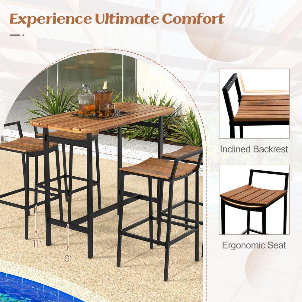 Natural and Black Acacia Wood 5-Piece Bar Height Table Set
