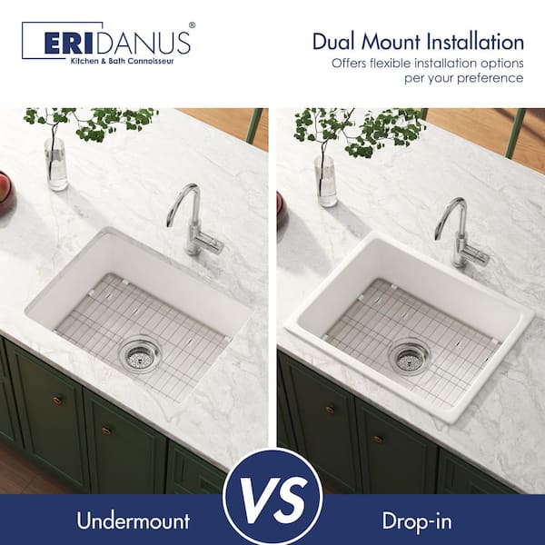 Oslo 24 in. Drop-In/Undermount Deep Single Bowl Kitchen Sink in White Fireclay with Botton Grid and Basket Strainer