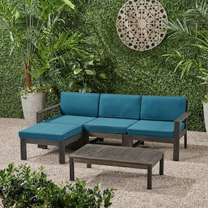 Santa Ana Wire Brushed Dark Grey 5-Piece Acacia Wood Outdoor Patio Conversation Sectional Set with Dark Teal Cushions