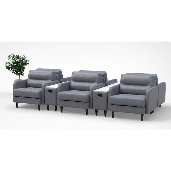 Leather Cushioned High-Back Ergonomic Lobby Chairs in Gray with Arms and Integrated Charging Table for 6 persons