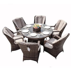 Lunas Grey 7-Piece Wicker Outdoor Dining Set with Beige Cushion