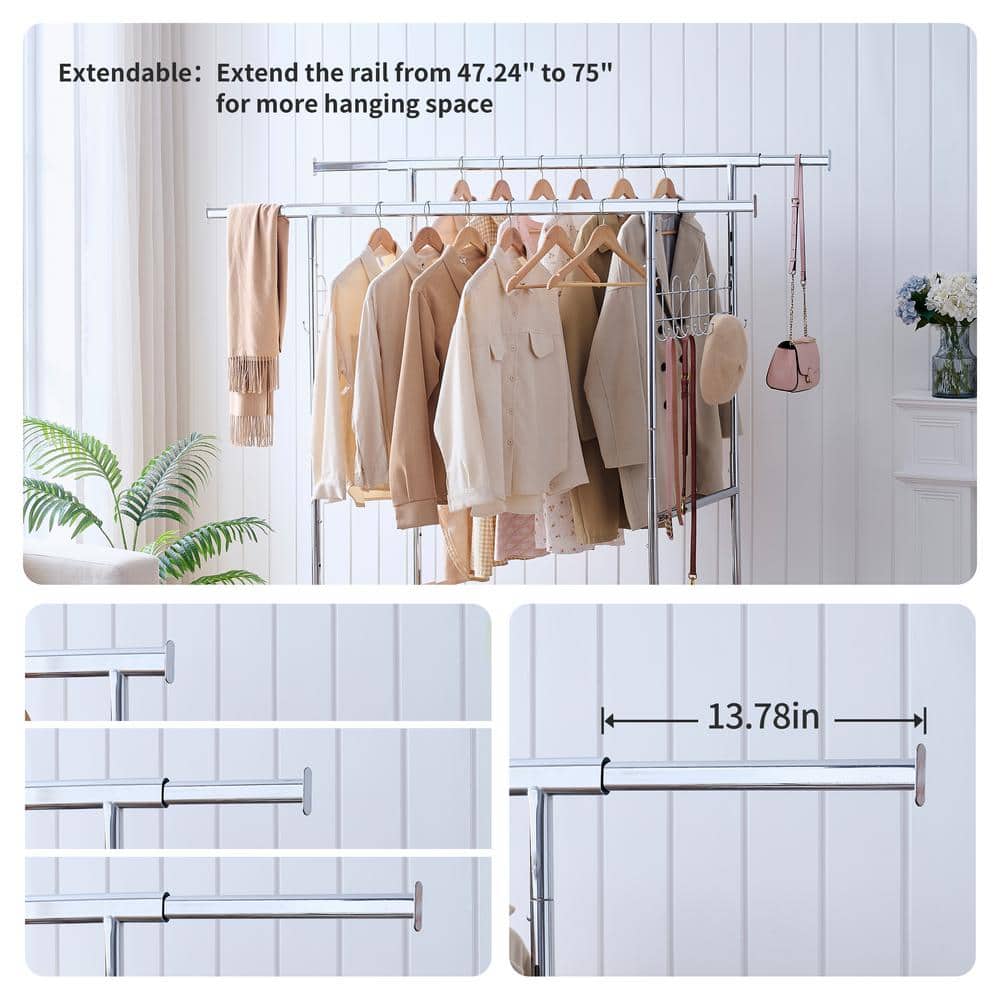 Carsi Silver Polished Metal Collapsible Double Clothing Rack with Wheels 75 in. - thumbnail 3