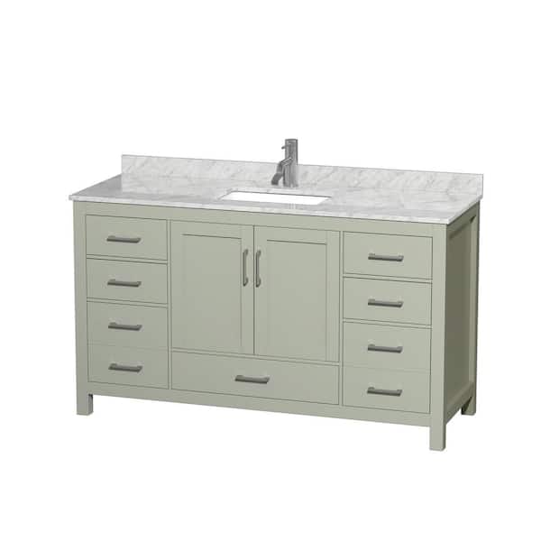 Wyndham Collection Sheffield 60 in. W x 22 in. D x 35 in . H Single Bath Vanity in Light Green with White Carrara Marble Top