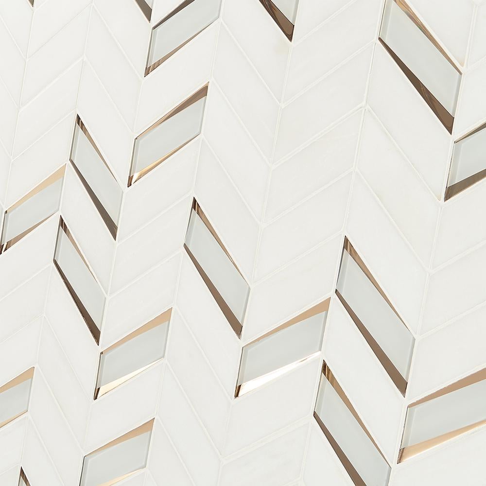 Verona Polished White Marble and Glass Chevron Mosaic Tile