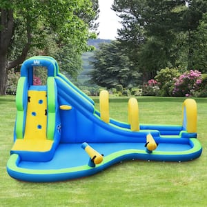 95.5 in. x 188 in. Blue Oxford Cloth Kids Inflatable Water Park Bounce House with Slide Climbing Wall Splash Pool