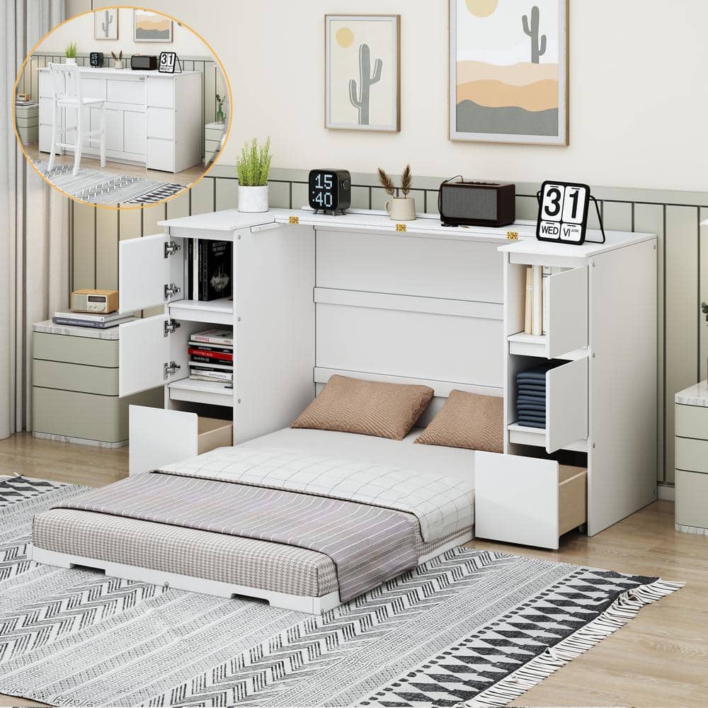 White Wood Frame Twin Size Murphy Bed with Drawer, Cabinets, High Stools and USB Ports price history on PriceWatchPro