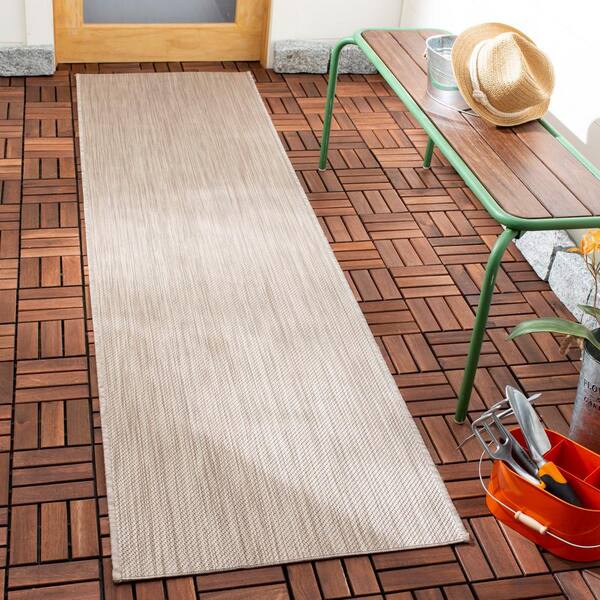 Beach House Beige 2 ft. x 10 ft. Solid Striped Indoor/Outdoor Patio  Runner Rug