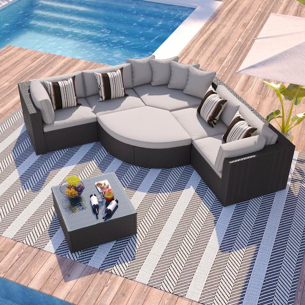 Tenleaf 7-Piece Brown All Weather PE Wicker Patio Conversation Set with Light Gray Cushions, Colorful Pillows