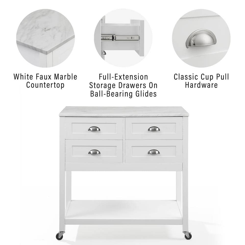 White Faux Marble Top Kitchen Island Cart with Storage