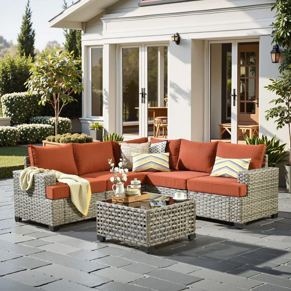 Silvae Gray 6-Piece PE Rattan Wicker Outdoor Sectional Set Patio Conversation Set with Orange Red Cushion and Table price history on PriceWatchPro